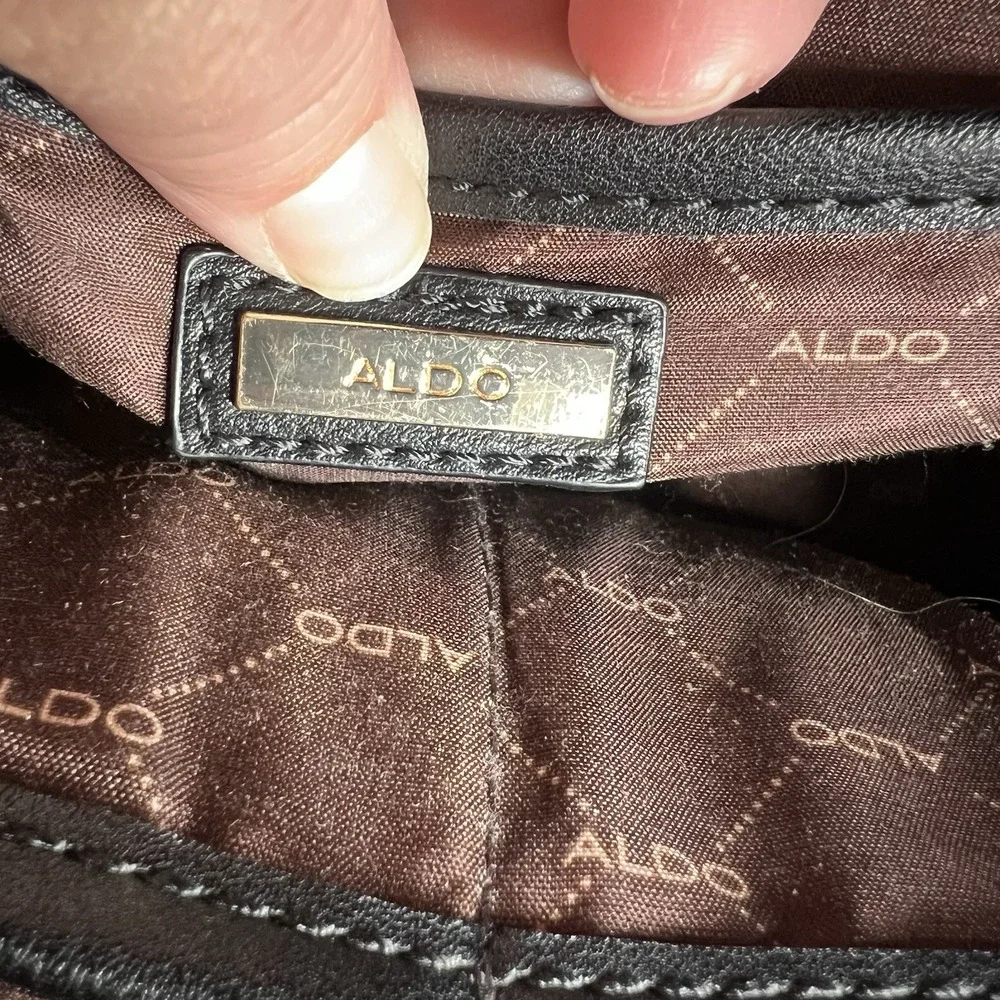 Aldo Handbag Black Brown Cream Purse Satchel Crossbody Gold Accents Trendy Scarf